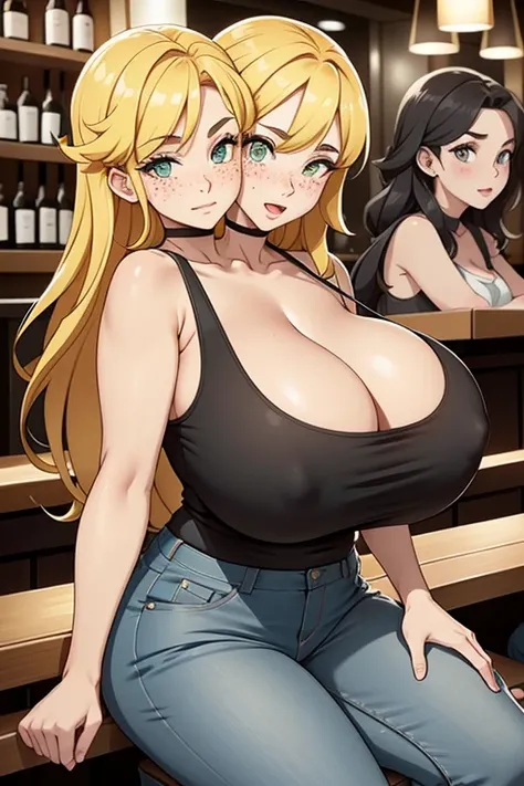 2heads, a short chubby woman with 2 heads. She has massive breasts. She is sitting in a bar. She looks drunk. Her breasts are enormous. She is wearing a tank top and jeans. She has gigantic breasts. She looks spunky. She looks flirtatious. She is seductive...