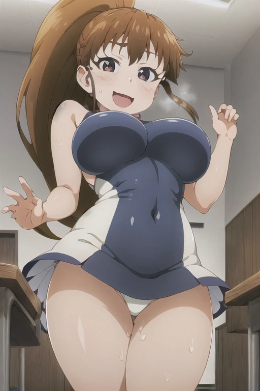 (((masterpiece))), ((highest quality)), ((Very detailed)), ((High resolution)), ((8k)), ((Anatomically correct)), ((The correct number of fingers)), One Woman, Taneshima Popura, (Big Breasts), Brown Hair, long hair, ponytail, (he is short), Very cute woman...