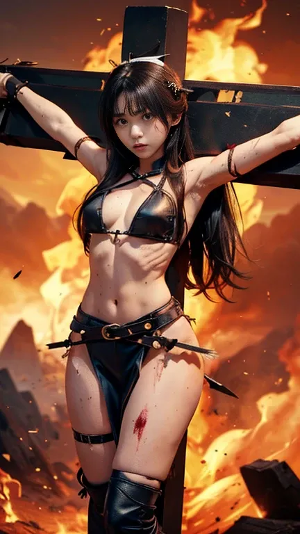 highest quality，masterpiece，Ultra-high resolution, Very detailed, 8k，(Beautiful woman)，(一人のBeautiful woman)，((Crucifixion:1.5))，(((cross)))，(execution)，((incontinence))，Scared，Big Breasts、torture，slave，((crossにCrucifixionにされた女性：1.5)),Crucifixion刑，Kamen Rid...