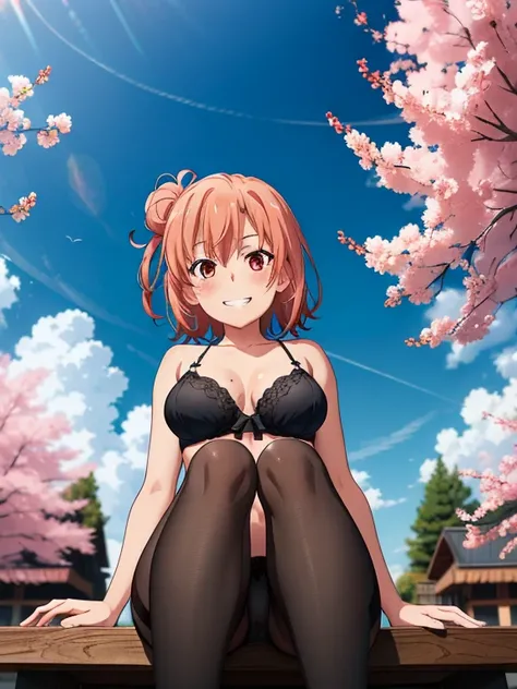 ((masutepiece, Best Quality, hight resolution, nffsw, Perfect Pixel, depth of fields, 4K, )), 1girl in, Solo, , Beautiful anime girl, Beautiful Art Style, 
very low view angle:1.3, view from below:1.5, sky from below:1.5, garden background, sitting on tabl...