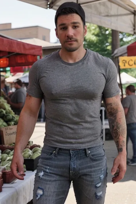 JordanBrandt, 35yo, wearing a t-shirt and gray jeans, at the farmers market, 