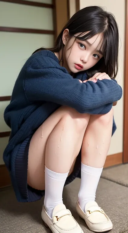 ((Short dark blue socks))　put your hands on your knees　((brown loafers)blonde、((I can see her wet white panties))(Crouching panty shots)double eyelid　eyelash　beautiful and fine eyes、super detailed、High resolution、Superb beauty　highest quality、masterpiece、、...