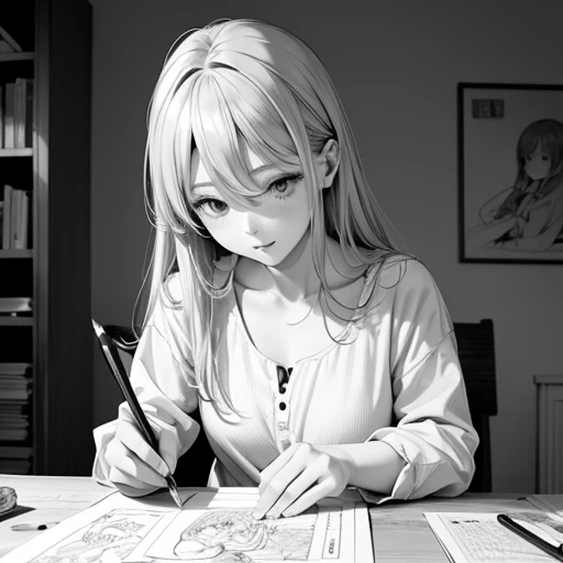 荒いLine art、Rough drawing style、Line art、rough sketch、美しいLine art、Beautiful artwork illustration、Great picture、Upper Body、(Monochrome)、Pencil drawing