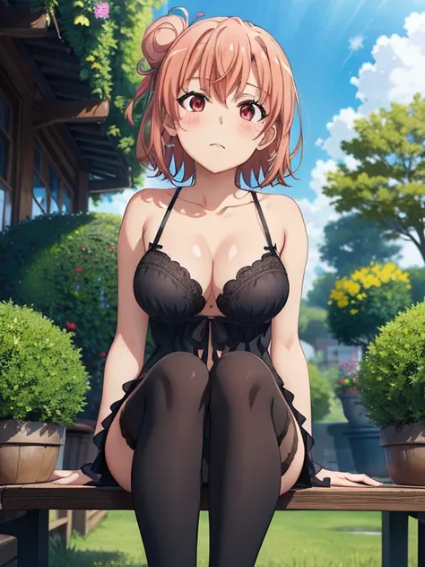 ((masutepiece, Best Quality, hight resolution, nffsw, Perfect Pixel, depth of fields, 4K, )), 1girl in, Solo, , Beautiful anime girl, Beautiful Art Style, 
very low view angle:1.3, view from below:1.5, sky from below:1.5, garden background, sitting on tabl...