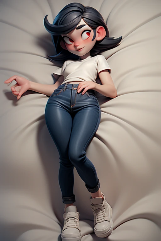 Huff, 3D face pattern, tomBoy with long short, Dyed short hair,long eyelasher, black hair color hair, tiny legs, small hips, skinny black jeans , bedroom, guitars hanging on the walls, pale white skin, red eyes, shy, lying, on back, on bed, romantic ambian...