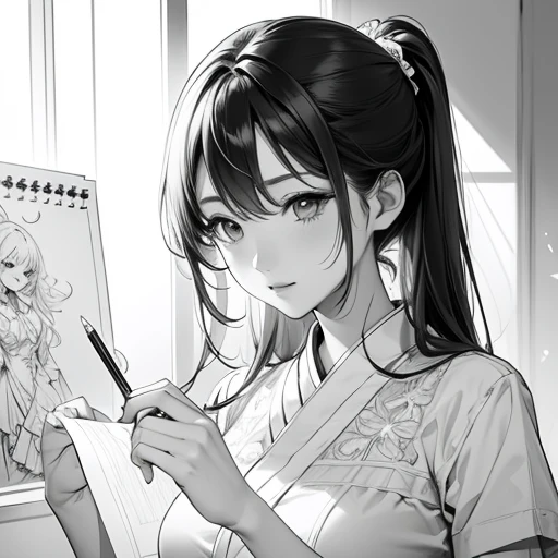 荒いLine art、Rough drawing style、Line art、rough sketch、美しいLine art、Beautiful artwork illustration、Great picture、Upper Body、(Monochrome)、Pencil drawing