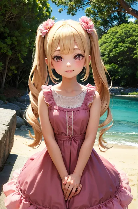 Blonde　Twin tails　Pink Eyes　beautiful girl　smile　Pink Dress　Flower Hair Ornaments　Ocean　wedding　Sandy Beach
