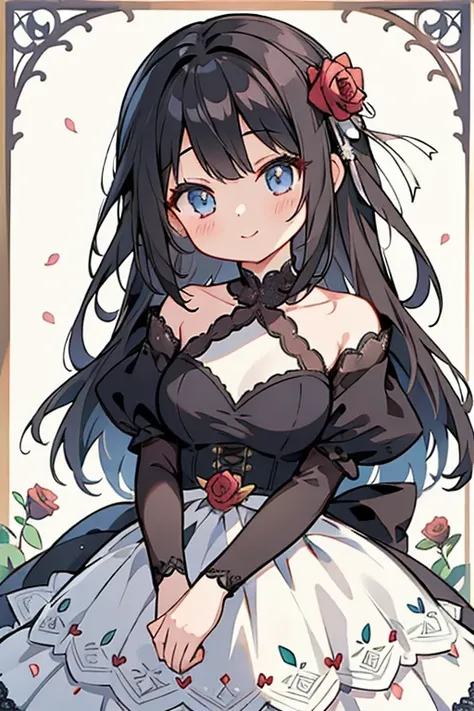 1 girl、Black Hair、Beautiful eyes and delicate face、masterpiece、highest quality、 girl in rose lace dress、Rose Dress、(Lace Material)、cute、A kind smile、elegant、anime