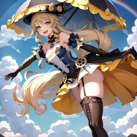 navia_gi, looking at viewer, smile, open mouth, skirt, thighhighs, gloves, hat, dress, holding, bare shoulders, standing, :d, outdoors, detached sleeves, sky, day, cloud, blue sky, umbrella, garter straps, drill hair, brown gloves, water drop, holding umbr...