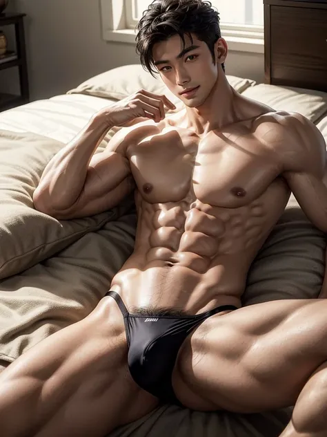 Masterpiece, Best Quality, Solo, Asian Model Men, muscular, white skin, smooth underarm, spread legs, studio background, lying, hard lighting, Natural eyes, Short and delicate black hair, Sexy Man, looking at the viewer, shirtless, sexy bikini, Small plots...