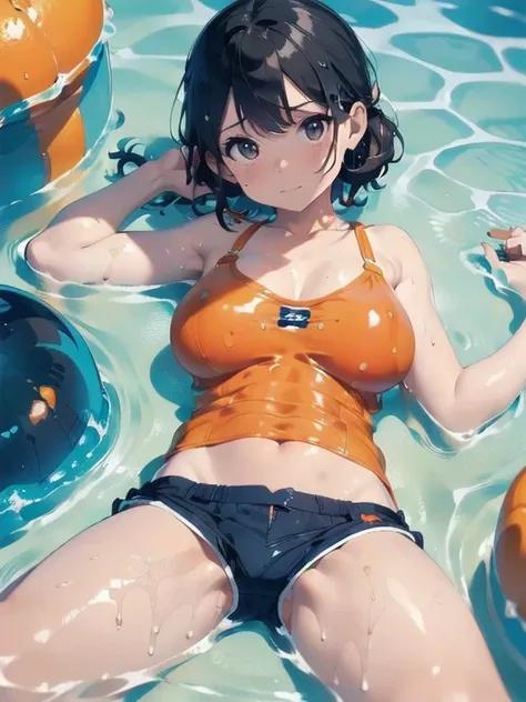 (Orange swimsuit(Orange camisole,Soaked with slimy liquid):1.1),(Navy blue shorts(Soaked with slimy liquid):1.2),(All fours pose:1.1),Big Breasts,(Soaked in slimy liquid:1.2),