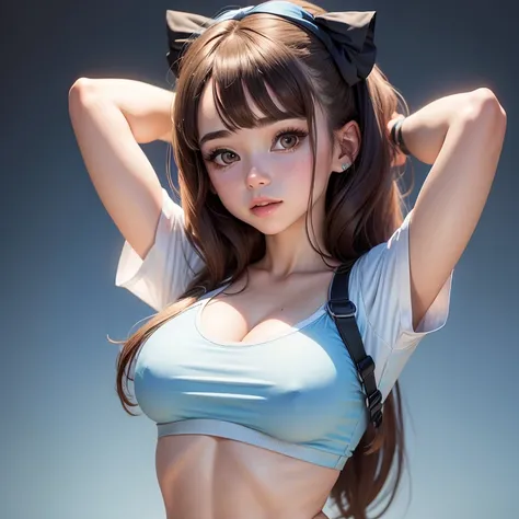 1girl,belle delphine, solo, hair, shirt, looking at viewer, blue background, brown hair, simple background,, bangs, upper body, parted bangs, black ribbon, big breast, ,medium body shot