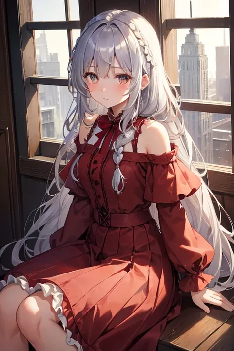 masterpiece, highest quality, High resolution, 14-year-old girl、Golden Eyes、
Silver Hair,  Braiding、Deep red frilly dress, Clothes with puffy shoulders、flare skirt、Long skirt、Western-style building、Sit by the window