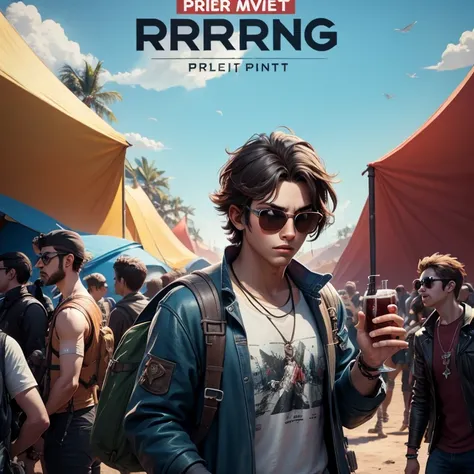 a poster inspired by the RPG videogame aesthetic that includes videogame cover, music festival, crowded people in the background, 1boy, main character in the front, sunglasses, looking worried, alcohol and drugs in the ground, (Sardas:0.5), (toupeira escur...