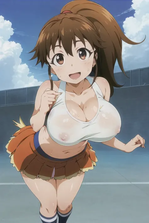 (((masterpiece))), ((highest quality)), ((Very detailed)), ((High resolution)), ((8k)), ((Anatomically correct)), ((The correct number of fingers)), One Woman, Taneshima Popura, (Big Breasts), Brown Hair, long hair, ponytail, (he is short), Very cute woman...