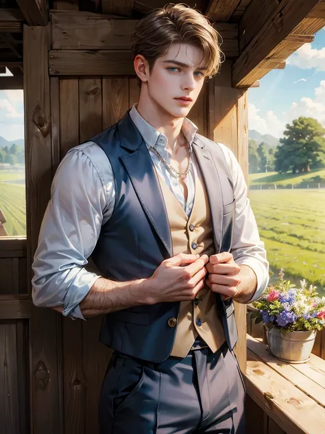 11:32:31 
A boy, short back hair, wavy hair, sky blue eyes. Open vest, exposed vagina, handsome boy, detailed eyes, detailed face, detailed hands, looking at the viewer. Background in a farm, wearing farm hut, with necklace, full body naked