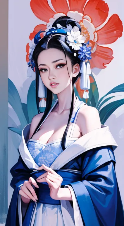 blue and white porcelain style，chinese clothing，white clothing，the clothes have a blue and white pattern，chinese art style，fashi...