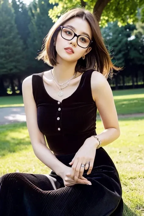 Wearing thin glasses、beauty 、woman、expensive、30 years old、((Black corduroy top))、((White long skirt))、Park Background、((Brown Hair))、sexy、Diamond Necklace、Realistic Background、wedding ring、