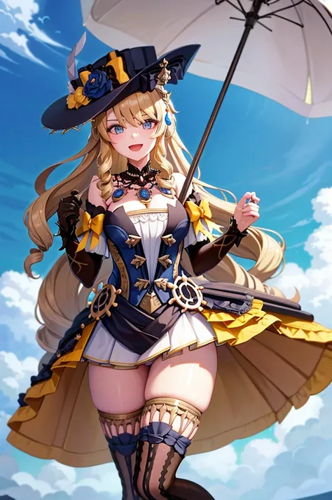 navia_gi, looking at viewer, smile, open mouth, skirt, thighhighs, gloves, hat, dress, holding, bare shoulders, standing, :d, outdoors, detached sleeves, sky, day, cloud, blue sky, umbrella, garter straps, drill hair, brown gloves, water drop, holding umbr...