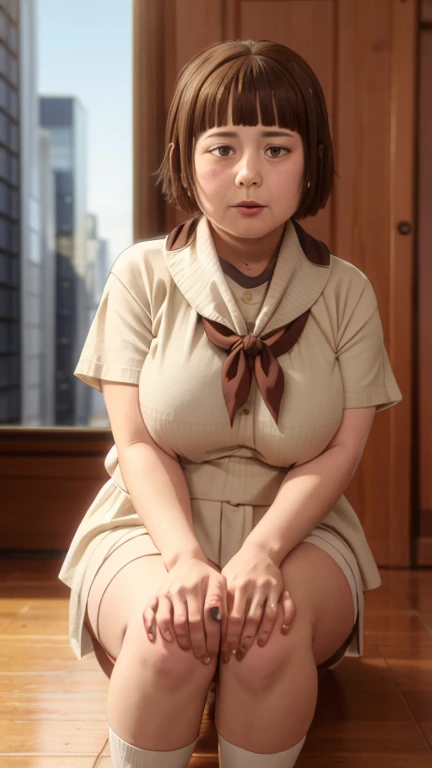 masterpiece,highres,high quality,extremely detailed,solo, young, 12 years old,
PlumpOzawa,1girl, looking on viewer,
serafuku,neckerchief, plump body,
pleated skirt, shy, cameltoe, sitting on knees, nude breasts, big breasts,