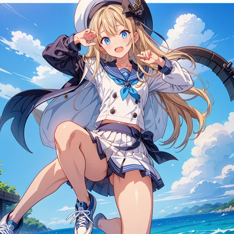 detailed eyes and face、(Mastepiece、highest quality)、(Perfect athletic body:1.2)、(Detailed hair)、Super detailed、Anime Style、whole body、solo、Sailor Girl、Giant anchor、Shaped teeth、Black Hair、Blonde、Wearing sneakers、Stand on board、8K High Resolution、White back...