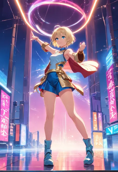 17 years old Women, ((Blonde)), ((Blue eyes)), ((Short hair)), ((Full shot)), very detailed makeup, pale pink lipstick, long earrings, bare shoulders, She wears futuristic red and silver armor that covers her breasts, underwear, and shoulders, high-heeled ...