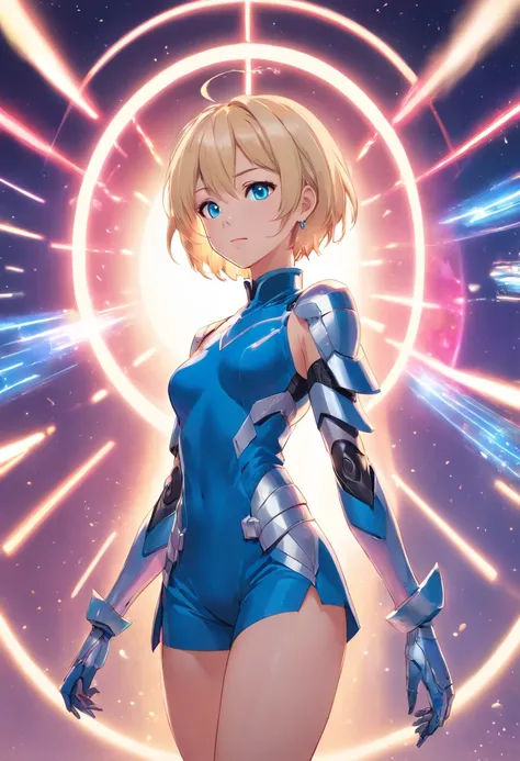 17 years old Women, ((Blonde)), ((Blue eyes)), ((Short hair)), ((Full shot)), very detailed makeup, pale pink lipstick, long earrings, bare shoulders, She wears futuristic red and silver armor that covers her breasts, underwear, and shoulders, ((high-heele...