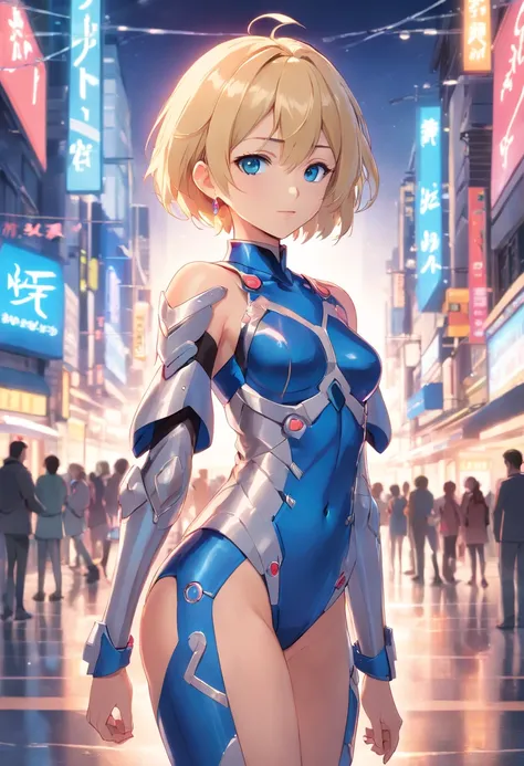 17 years old Women, ((Blonde)), ((Blue eyes)), ((Short hair)), ((Full shot)), very detailed makeup, pale pink lipstick, long earrings, bare shoulders, She wears futuristic red and silver armor that covers her breasts, underwear, and shoulders, ((high-heele...