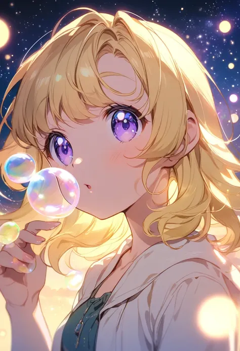 Blonde anime style girl with purple eyes, blowing bubbles under the starry sky