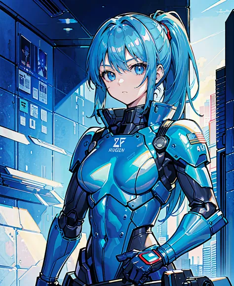 Blue Hair、Masterpiece、Best Quality、1 girl、Medium breast、((Album cover))、Light on Face、Slim Body、Blue Costume、Exoskeleton、metal Gear、Cyberpunk Style、ponytail、The Gundam pilot、attention arousal，Ride a fighter