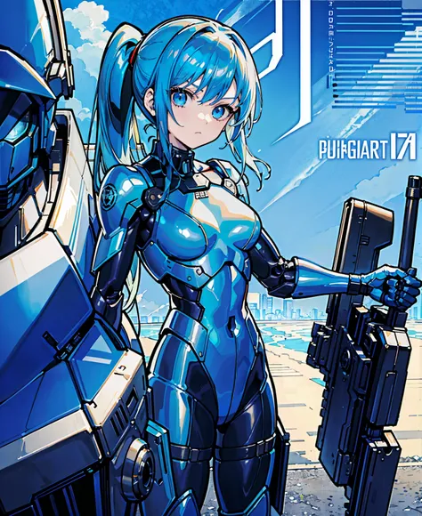 Blue Hair、Masterpiece、Best Quality、1 girl、Medium breast、((Album cover))、Light on Face、Slim Body、Blue Costume、Exoskeleton、metal Gear、Cyberpunk Style、ponytail、The Gundam pilot、attention arousal，Ride a fighter