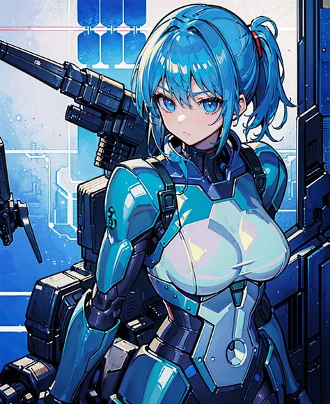 Blue Hair、Masterpiece、Best Quality、1 girl、Medium breast、((Album cover))、Light on Face、Slim Body、Blue Costume、Exoskeleton、metal Gear、Cyberpunk Style、ponytail、The Gundam pilot、attention arousal，Ride a fighter