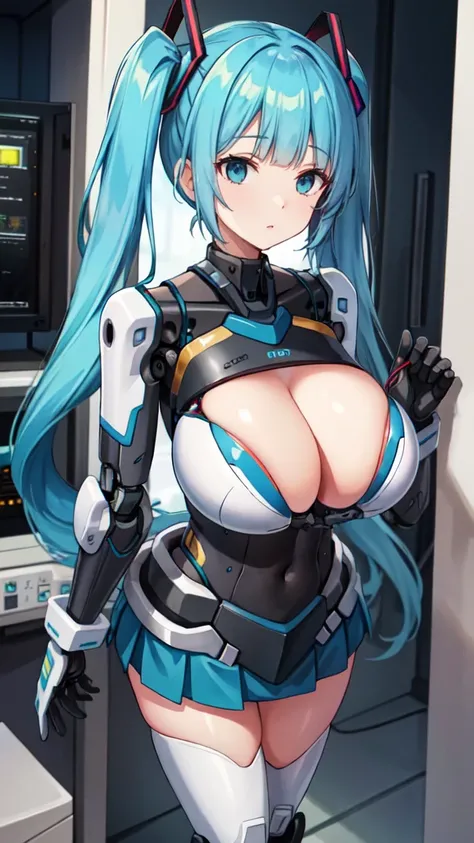 masterpiece, best quality, extremely detailed, 8k portrait, well-toned body,Japaese android Girl, Ultimate physical beauty, huge breasts , announcer,control panels,Robot arms and legs, hatune miku VOCALOID, twin tails, light blue eyes, light blue hair,Mech...