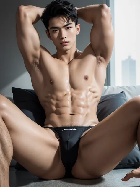 Masterpiece, Best Quality, Solo, 17 years old, Asian Model Men, muscular, white skin, lifted arms, shaved underarm, spread legs, studio background, lying on the floor, hard lighting, Natural eyes, Short and delicate black hair, Sexy Man, looking at the vie...