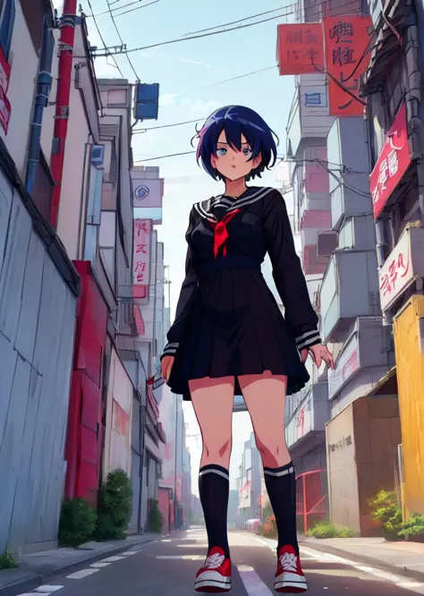 (perfect composition),anime character sukeban delinquent girl  standing on a city street corner in black seifuku with black very...