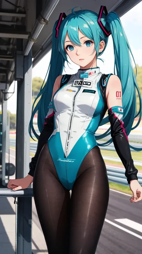 Highquality image of Hatsune Miku, Twin Tail, light Blue Eye, light Blue Hair, Race Queen, Motorsports, big breasts, high-leg leotard, black tights, sexy costume, mind control