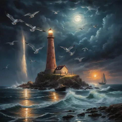 phare,high quality,masterpiece:1.2,8k,representative work,official art,professional,ultra complex details,portrait,night scene,Jason Edmiston,artists signature,meticulous brushwork,realistic lighting,moody atmosphere,vivid colors,impressive scale,sharp foc...