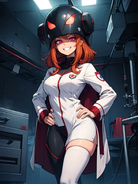 Sfw, mind control Sam by spider helmet robot, ginger hair, I have Sams body, successfully possessed Sam, Glowing red piercing eyes, pervy evil grin, this is my body now, hahahaha, satisfying looks, venus body, , wearing white laboratory coat with green spy...