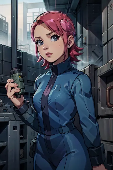 mayl sakurai reimagined as a vault dweller, doing maintenance in an underground vault. her vibrant pink hair stands out against ...