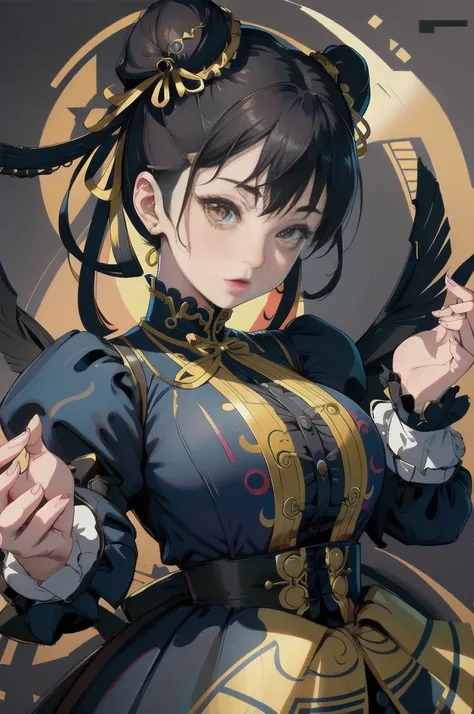 Sfw, (vivid colors,ultra-detailed),(best quality:1.37)chun li reimagined as a Victorian goth girl in a dark Victorian era backdrop, full body, 