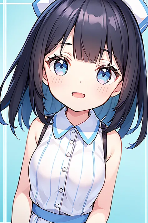 1girl, solo, cute, shoulder-length black hair, matching bangs, rainbow stripes in the hair, colorful saturated stripes in the hair, saturated stripes in the hair, light blue stripes, light blue eyes, light blue nurse uniform, nurse hat , smiling expression...