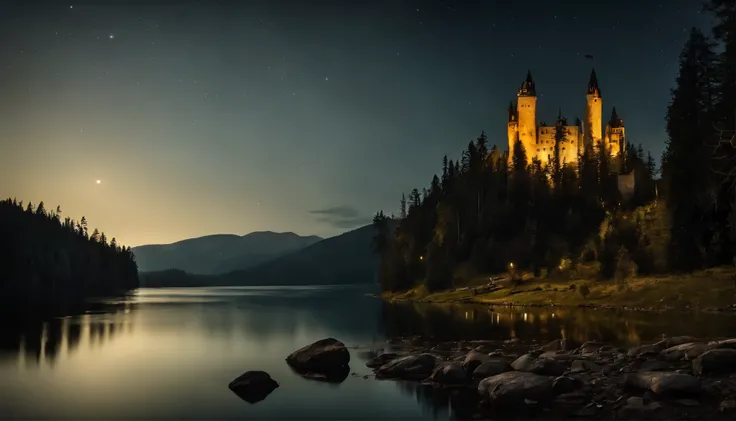 Big castle in the mountains, high towers, forest of nine conifers, lake in front of the castle, dark starry night, the moon
