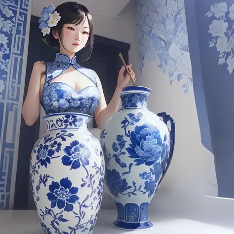 Redesign a set of blue and white porcelain patterns based on the flower screen above, including traditional Chinese patterns, flowers, and birds