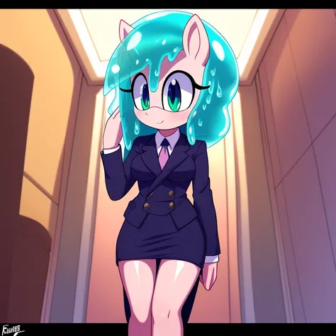 pony, rating_safe, score_9, an adult slime girl, (((adult))), slime girl like, anime pony  that looks like slime, clothing, wearing clothing, suit, professional suit, suit dress, suit that looks like dress, high quality, detailed