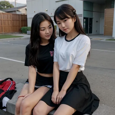 Cute asian cheerleader sitting on top of an asian girl in a black skirt