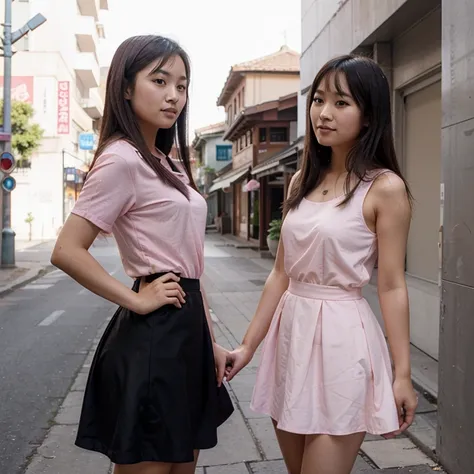 Cute asian girl in a pink dress with an asian girl in a black skirt