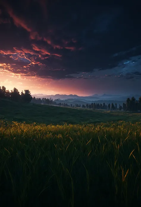 {{masterpiece, best quality, extremely detailed CG, unity 8k wallpaper, cinematic lighting}}, dark sky, meadow during sunset