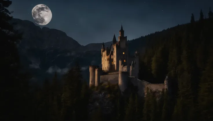 Big castle in the mountains, high towers, forest of nine conifers, lake in front of the castle, dark starry night, the moon
