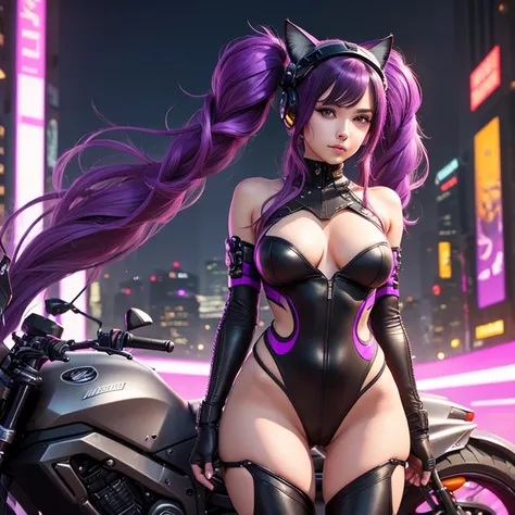 (masterpiece),(best quality),extreamly delicate and beautiful,illustration,((perfect female figure)),mature female,1 rider girl,i:p masquerena, bodysuit,black very long hair,twintails, purple eyes, cyberpunk  city background,cat ears helmet,