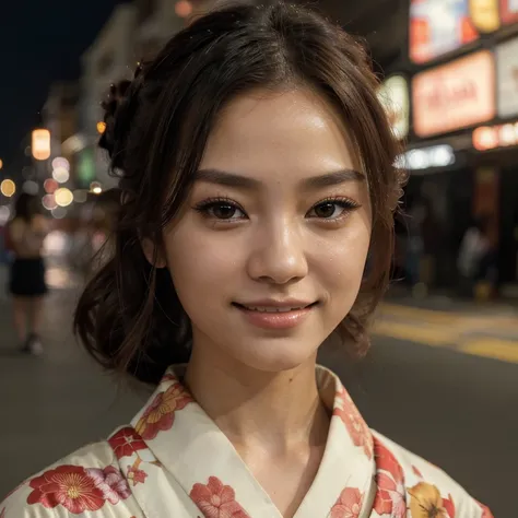 look at camera,(((top quality, 8k, masterpiece))), crisp focus, (beautiful woman with perfect figure), slender, (hairstyle: up)), ((kimono: Kara)), street: 1.2 Highly detailed face and skin texture Detailed eyes Double eyelids random posture, (smile),super...